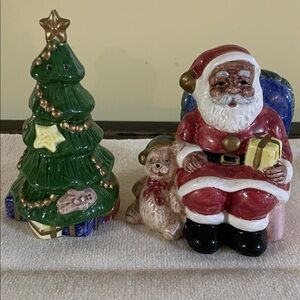 African American Festive Santa and Tree Salt and Pepper Shakers